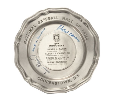 1982 Baseball Hall of Fame Pewter Plate Signed by Class of 1982 (Hank Aaron, Frank Robinson and Albert Chandler)